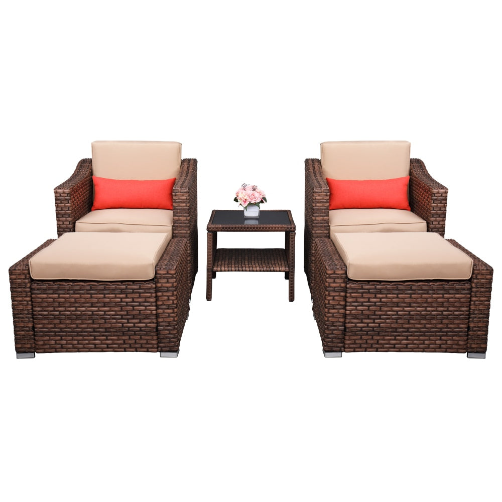 Wide Rattan Double Contiguous Rattan 5-Pcs Suit 2 Single Sofa 2 Pedals 1 Double Coffee Table Outdoor Patio Furniture Brown[US-W]