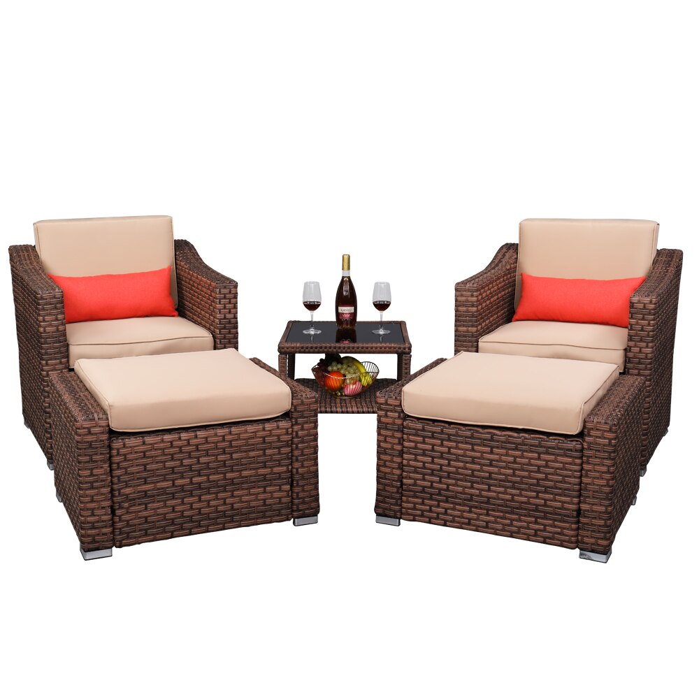Wide Rattan Double Contiguous Rattan 5-Pcs Suit 2 Single Sofa 2 Pedals 1 Double Coffee Table Outdoor Patio Furniture Brown[US-W]