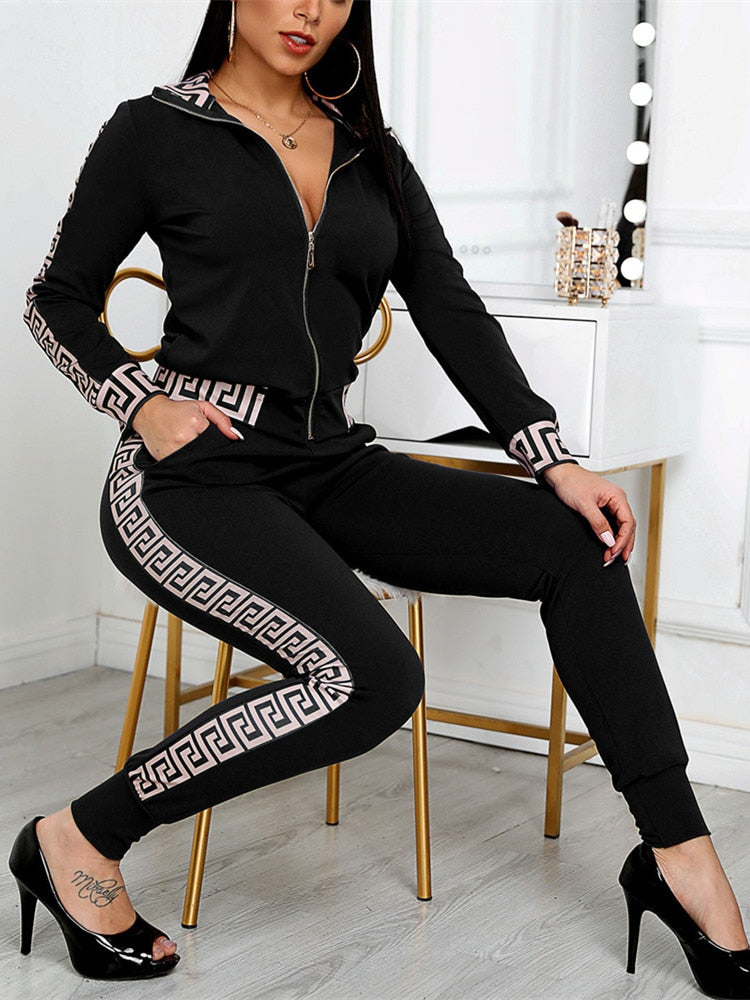 2021 Tracksuits Women Elegant Two-Pieces Suit Sets Female Stylish Greek Fret Print Coat &amp; Pant Zip Sets Joggers y2k