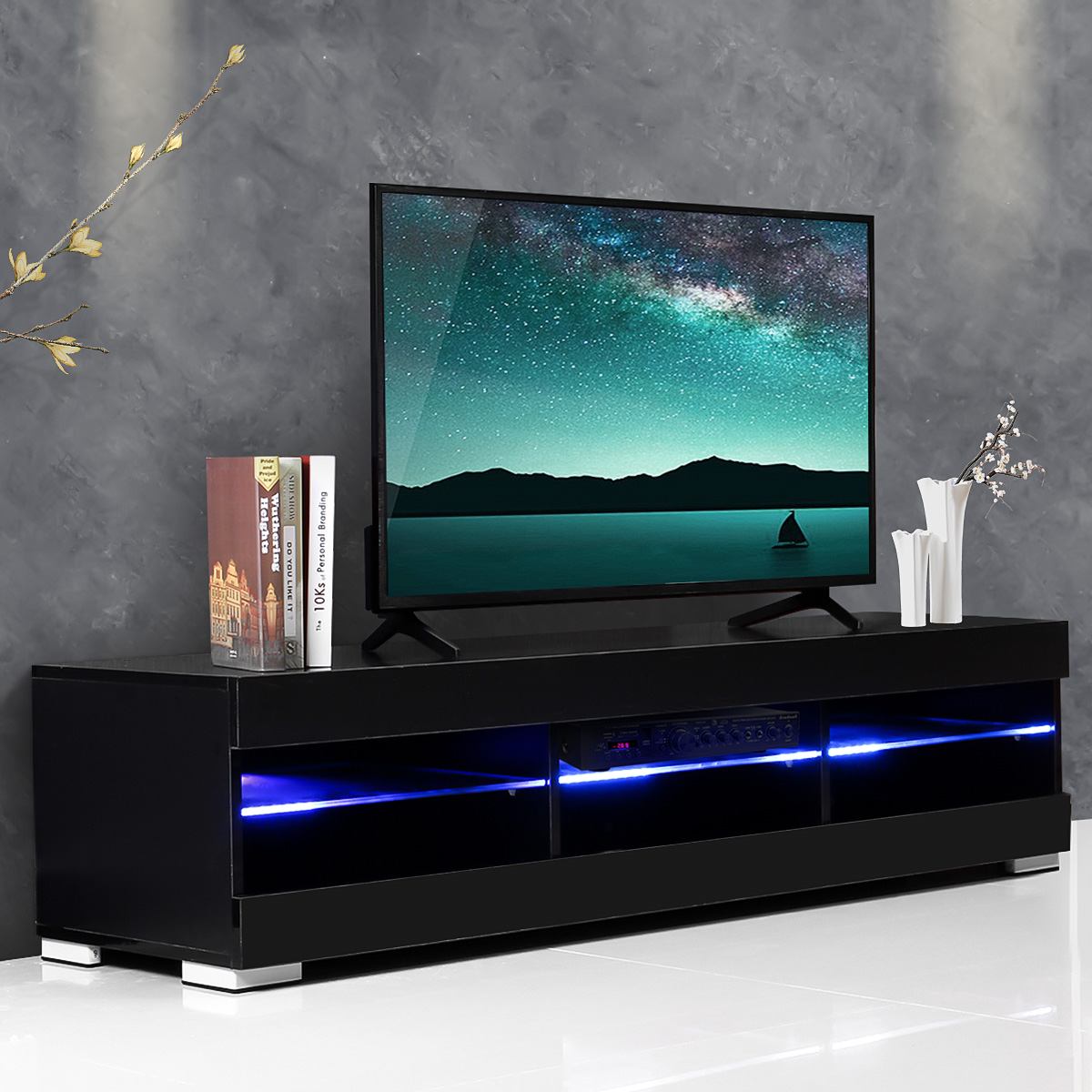57 inch RGB LED TV Unit Cabinet Stands with 6 Open Drawers TV Bracket Table Home Living Room Furniture tv Stands high gloss