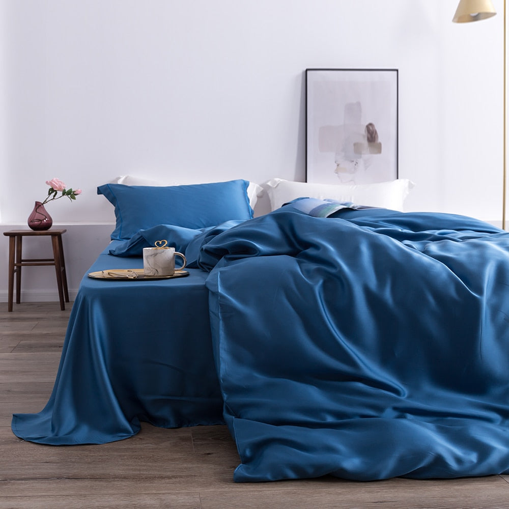Liv-Esthete 100% Silk Green Bedding Set Mulberry 25 Momme Silk Bed Sheets Beauty Quilt Cover Set Pillowcase Queen King Bed Set