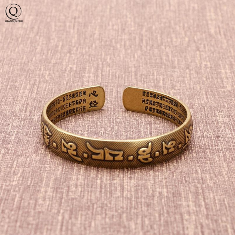 Nepal Handmade Vintage Brass Bracelet Six-word Mantra Men and Women Tibetan Buddhist Sutra Engraved Lucky Open Bangles Jewelry