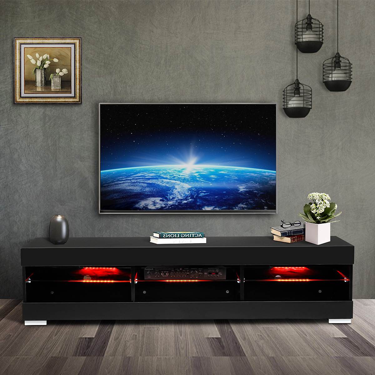 57 inch RGB LED TV Unit Cabinet Stands with 6 Open Drawers TV Bracket Table Home Living Room Furniture tv Stands high gloss
