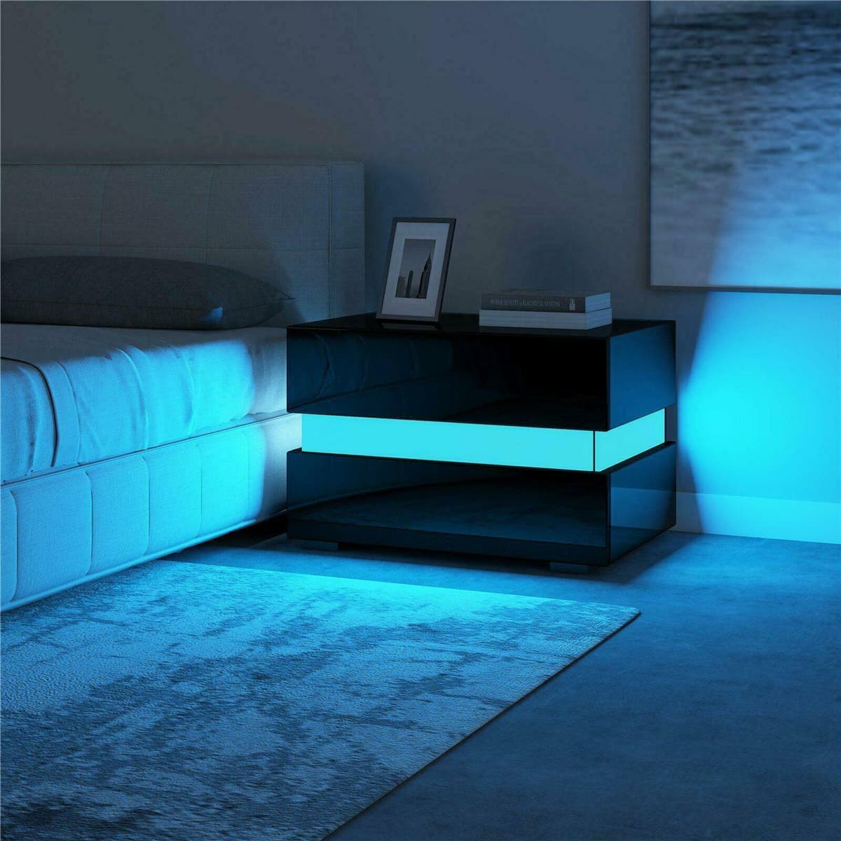 Modern Luxury LED Light Nightstand w/2 Drawers Organizer Storage Cabinet Bedside Table Bedroom Furniture for Night 20 Colors