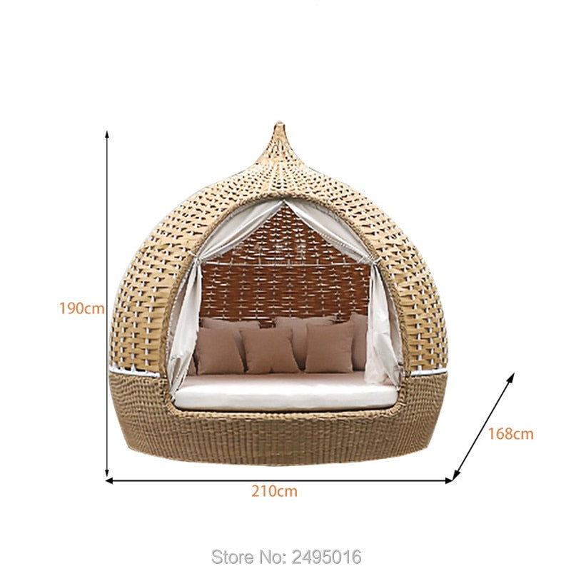 Round Outdoor Rattan Daybed Furniture , Roofed Lounger Wicker Patio Chaise Lounge Daybed  for garden ,poolside,hotel