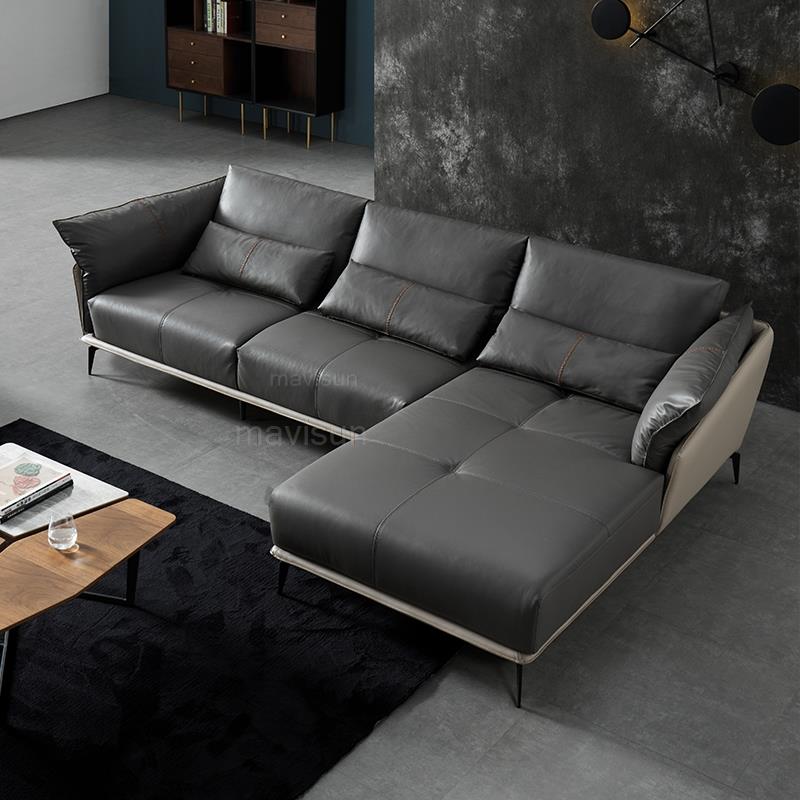 New Italian Minimalist First-Layer Leather Couch Modern Fashion Corner L-Shaped Apartment Down Sofa Living Room Combination