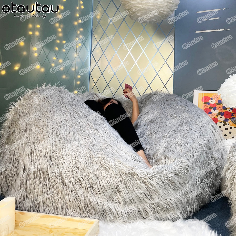 Adults D150cm 4.9ft Bean Bag Chair with Filling Fluffy Fur Beanbag Sac Pouf Sofa Floor Corner Seat Lazy Couch Recliner Furniture
