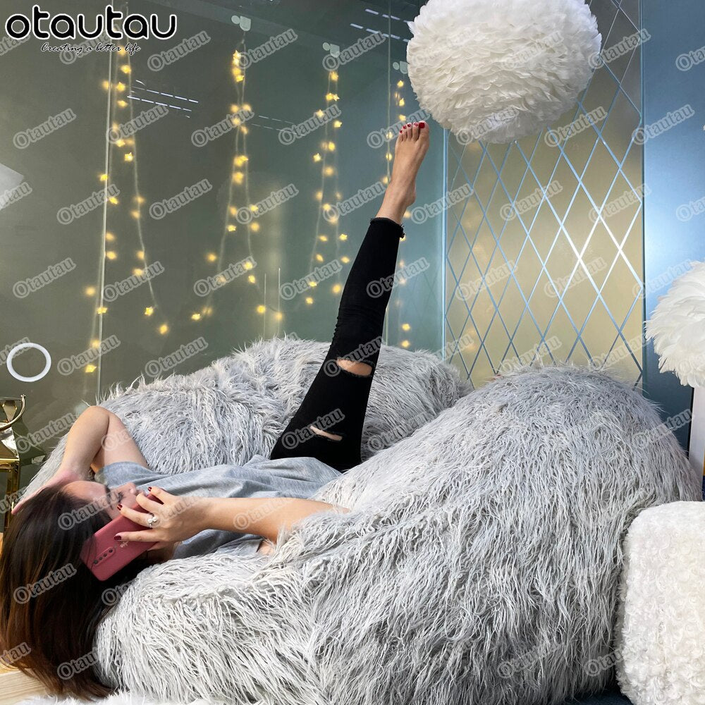 Adults D150cm 4.9ft Bean Bag Chair with Filling Fluffy Fur Beanbag Sac Pouf Sofa Floor Corner Seat Lazy Couch Recliner Furniture