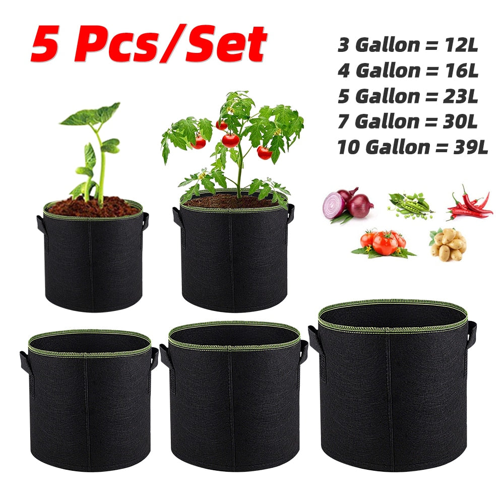 5Pcs 3/4/5/7/10 Gallon Felt Grow Bags Gardening Fabric Grow Pot Vegetable Tomato Growing Planter Garden Potato Planting Pots