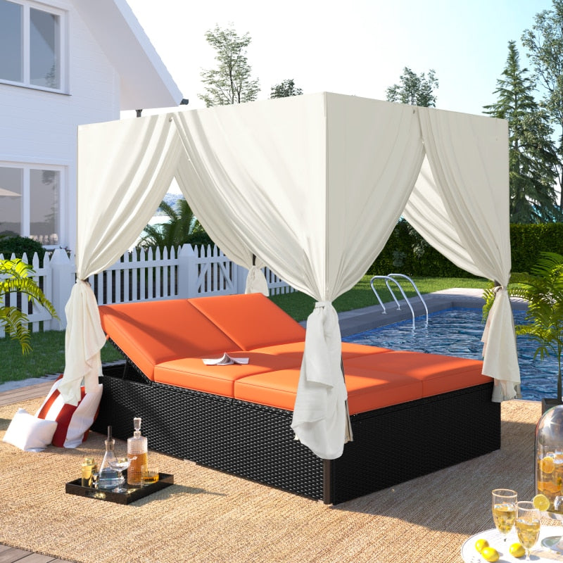 patio wicker daybed outdoor sunbed with four-sided canopy and overhead curtains