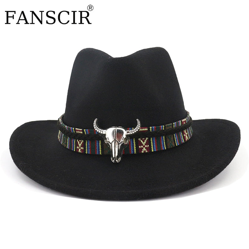 Ethnic Style Cowboy Hat Men Wool Wide Brim Unisex Fedoras Bull Shaped Decor Western Cowboy Church Hats Women Elegant Party Caps