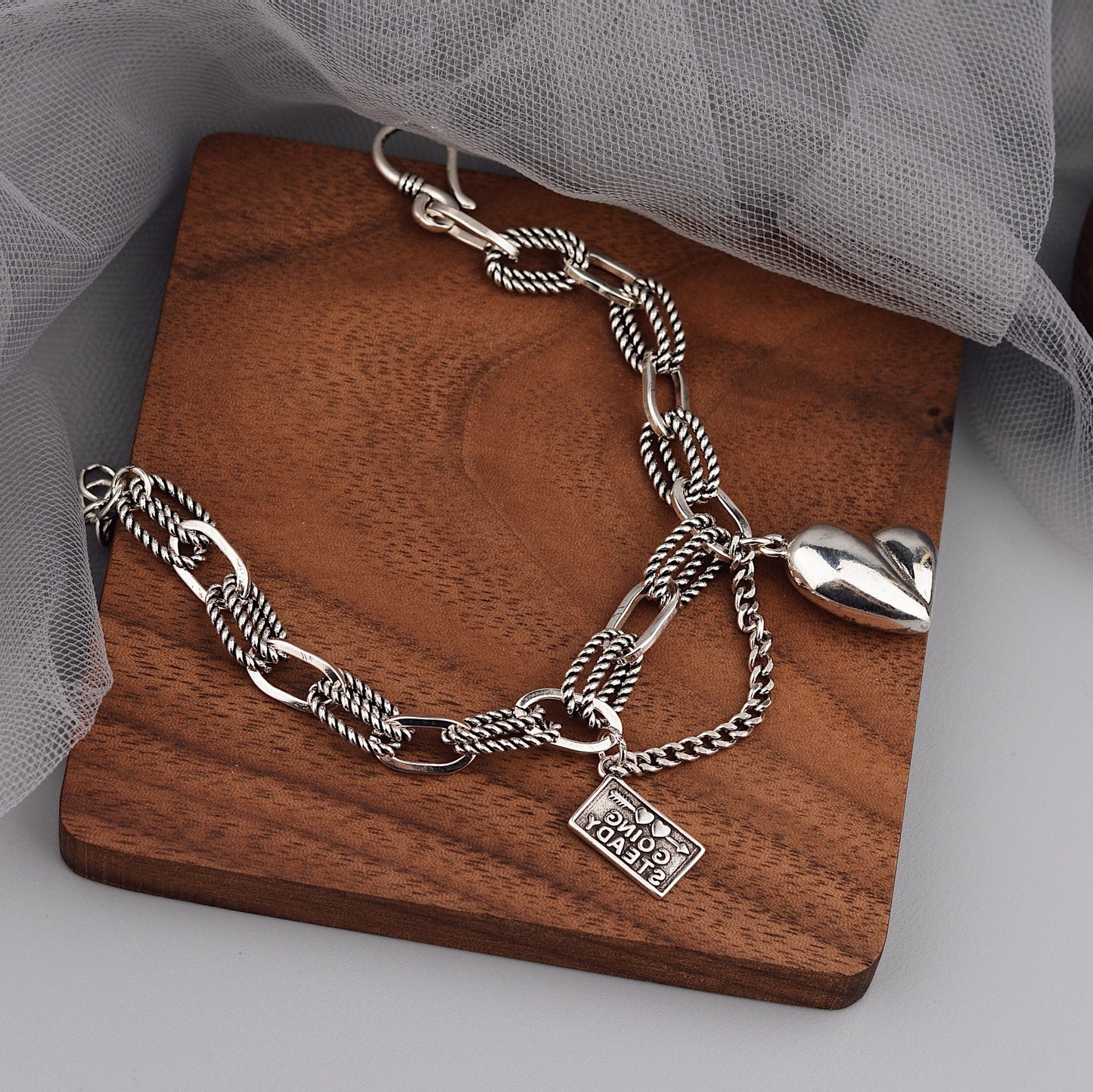 100% Solid 925 Sterling Silver Hiphop Thick Heart Bracelet for Women Men Vintage Handmade Hasp Bracelet Birthday Gift