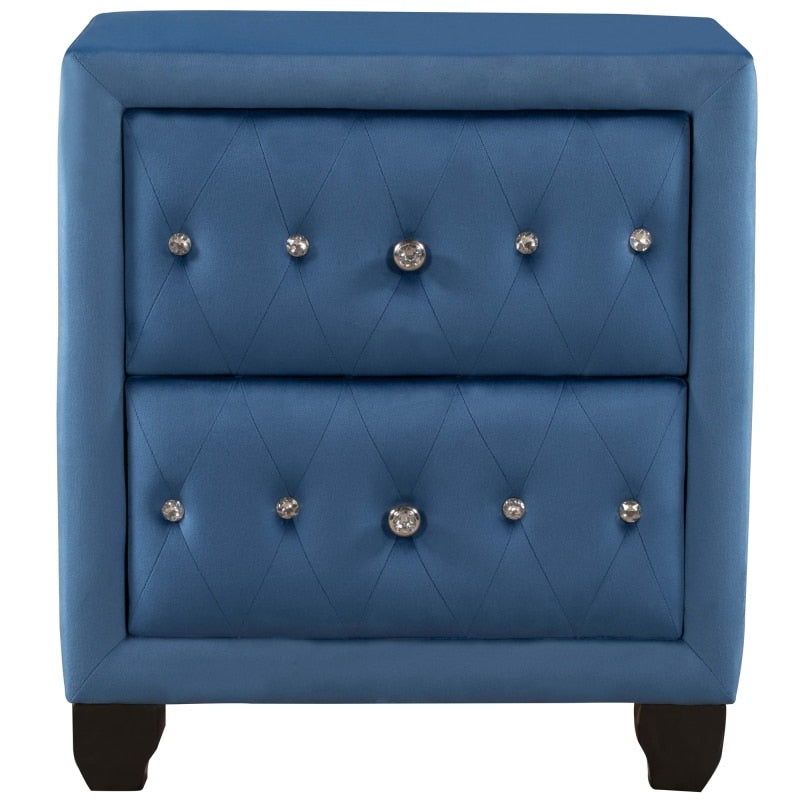 Upholstery Velvet Nightstand with Two Drawers and elegant diamond handles for Bedroom Bed Table luxury Blue
