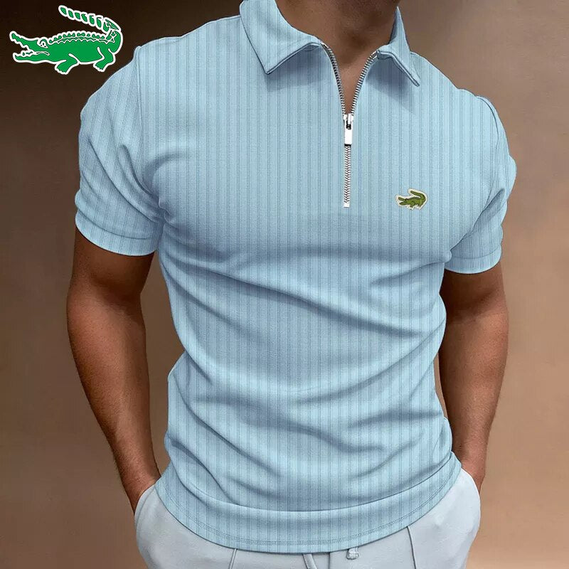 Cartelo crocodile Spring summer new men's large striped polo shirt business casual printed cotton blended T-shirt