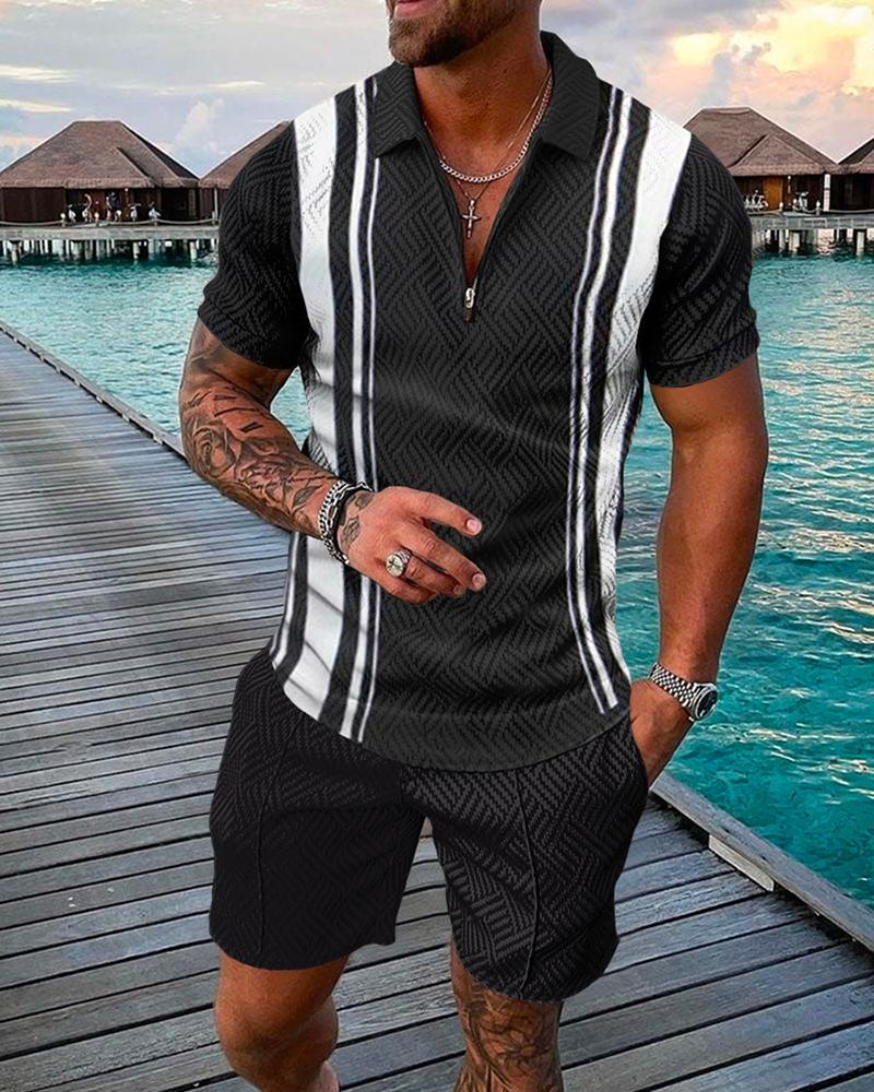 2022 European And American Men's Summer New Polo Shirt Suit Fashion Tracksuit Zipper Short-Sleeved T-Shirt Shorts Two-Piece Set