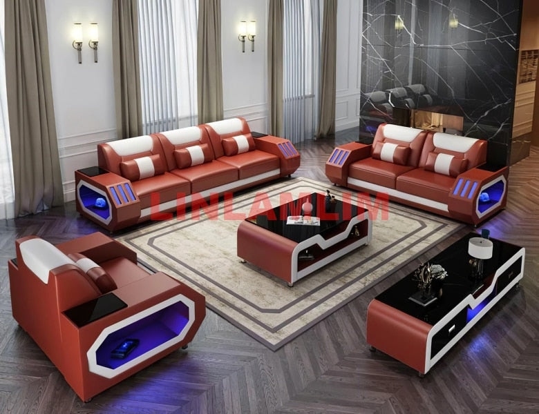 MANBAS Leather Sofa Set with LED Light Living Room Furniture Couch Sofas Modernos Para Sala Grandes Sofás with USB Charging,Tabl