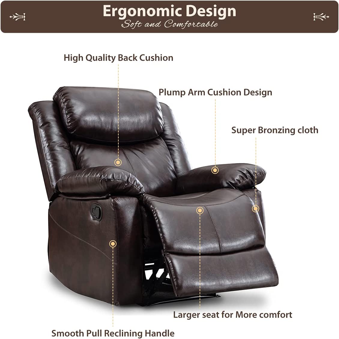 PU Leather Reclining Sofa 3 Seat Couch with Manual Adjustment for Cinema/Living Room Brown