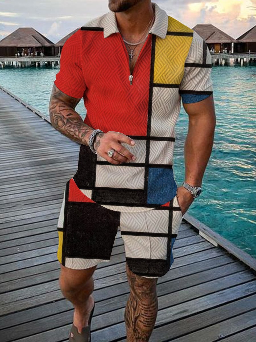2022 Summer Men's Sportswear Suit Plaid printed short sleeve Zipper Polo Shirt Suit Vacation suit 2 pieces