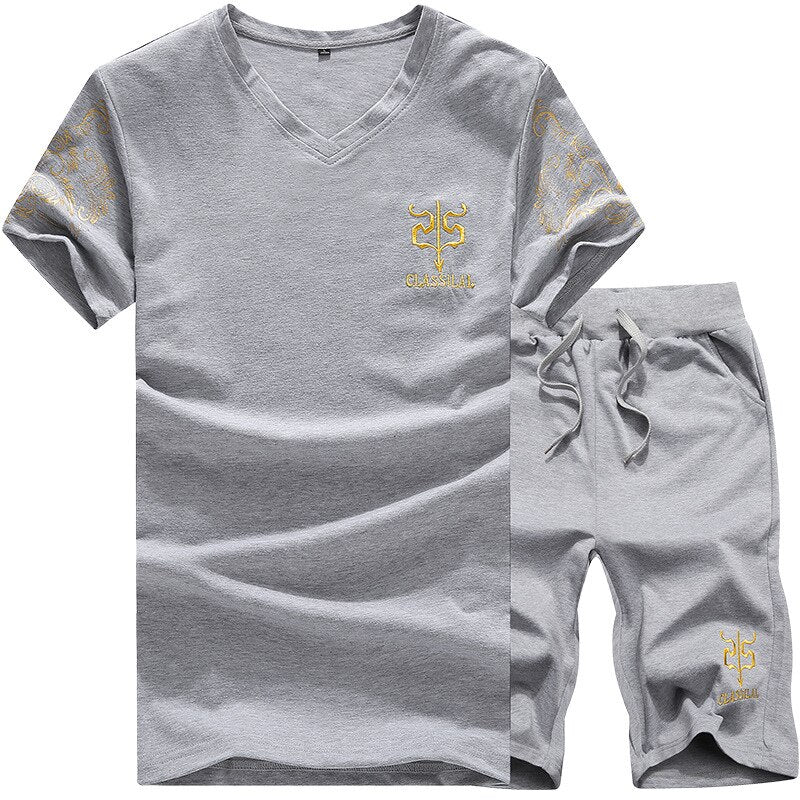 Embroidery Men&#39;s Sets Summer Men Tracksuit V-neck T-shirt Shorts 2PCS 2022 Men Short Sportswear Set Casual Joggers Track Suit