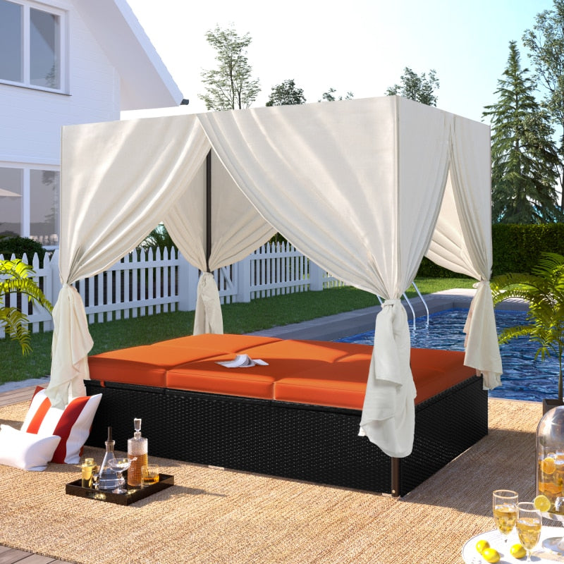 patio wicker daybed outdoor sunbed with four-sided canopy and overhead curtains