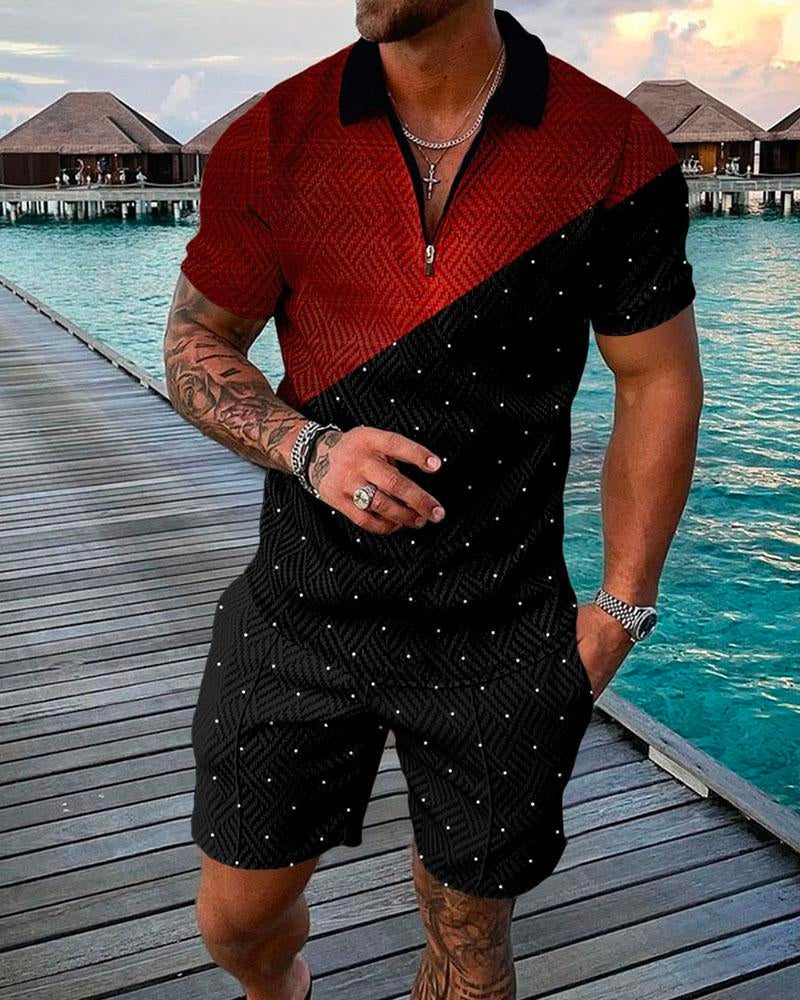 2022 European And American Men's Summer New Polo Shirt Suit Fashion Tracksuit Zipper Short-Sleeved T-Shirt Shorts Two-Piece Set