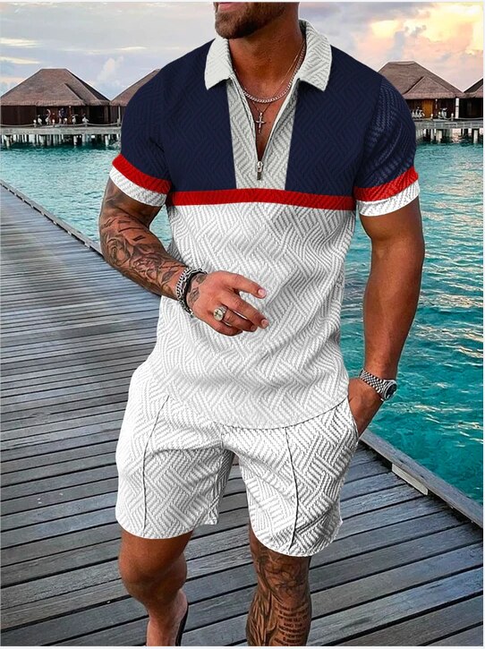 2022 Summer Men's Sportswear Suit Plaid printed short sleeve Zipper Polo Shirt Suit Vacation suit 2 pieces