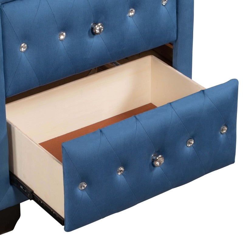 Upholstery Velvet Nightstand with Two Drawers and elegant diamond handles for Bedroom Bed Table luxury Blue