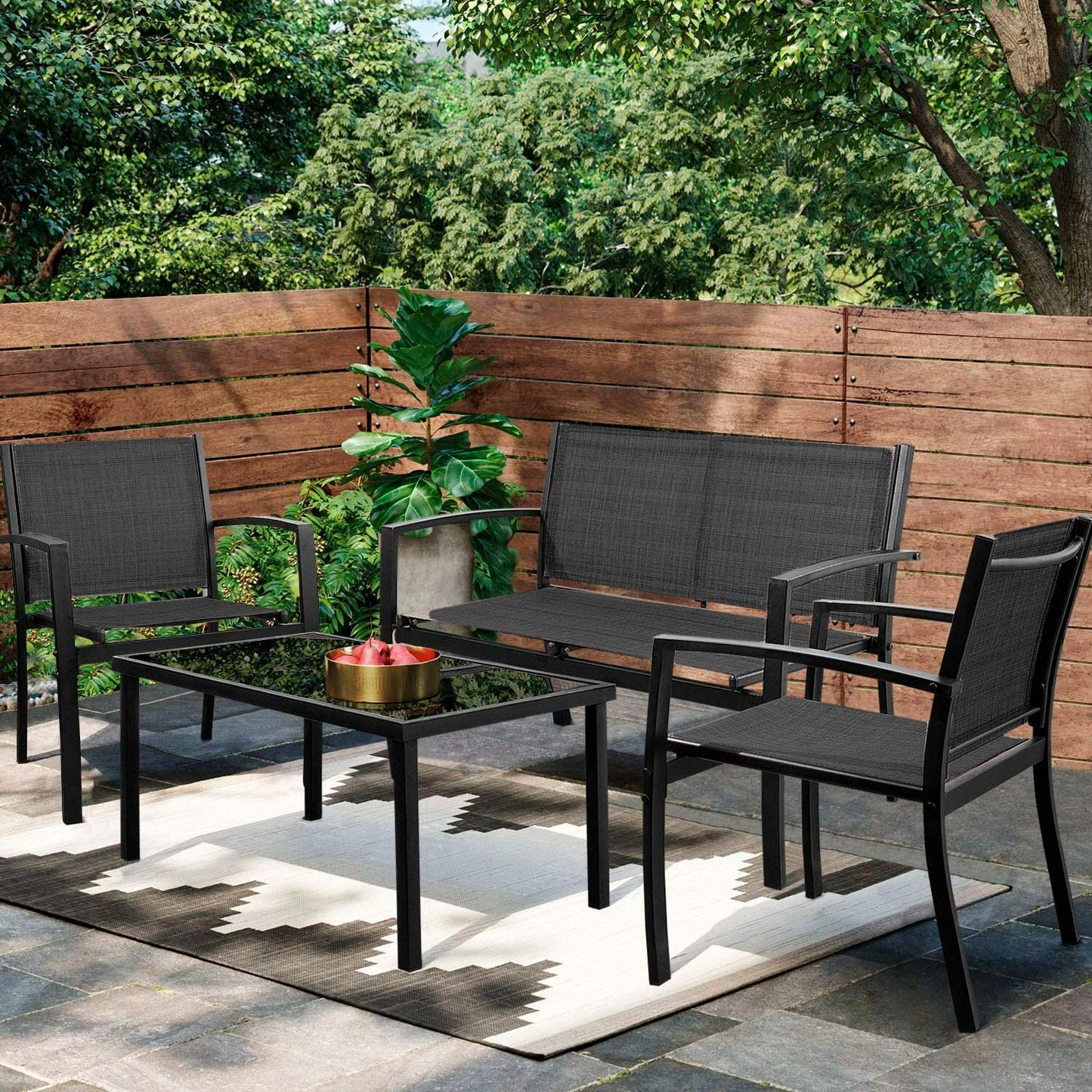 4 Pieces Patio Furniture Set, Outdoor Conversation Sets for Patio, Lawn, Garden, Poolside with A Glass Coffee Table