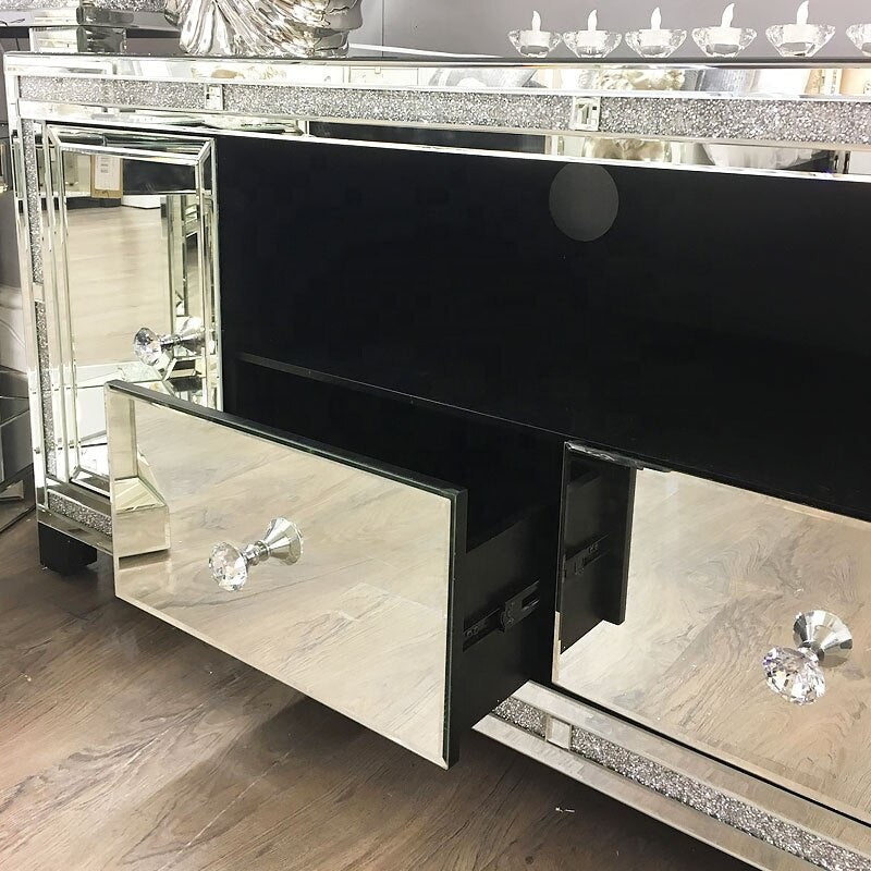 Modern Large Mirrored Glass Sparkly Crushed Crystal Diamond Glitz TV Cabinet Stand TV Stand For Home Hotel Furniture