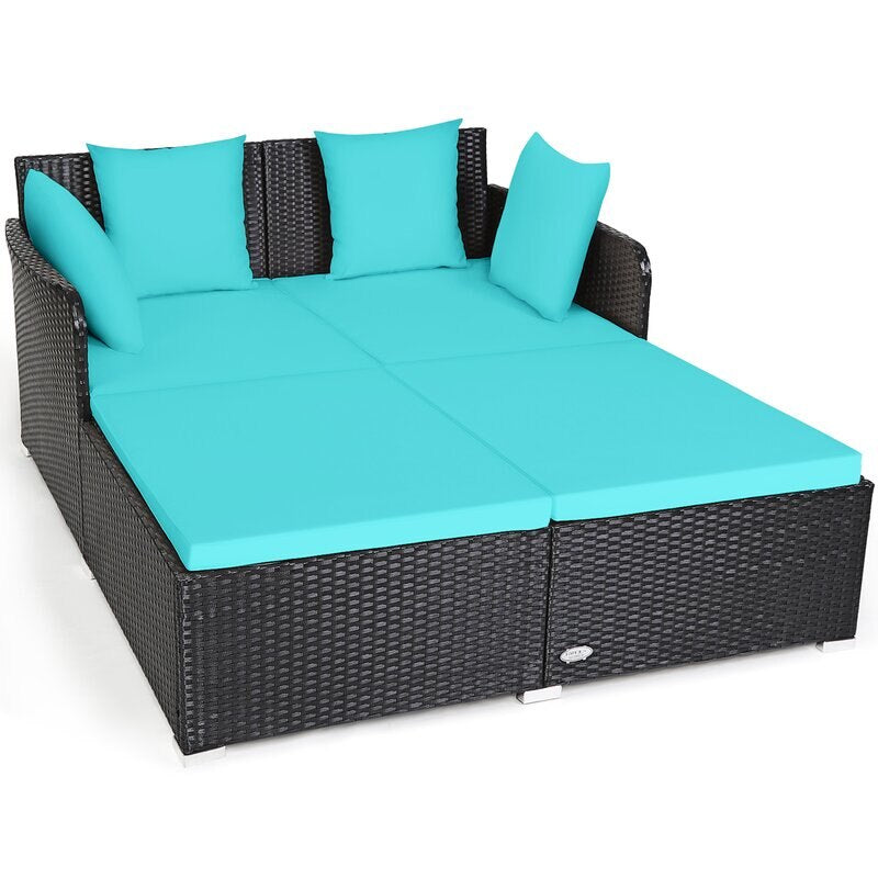 Outdoor wicker patio daybed with cushions, Beige, Turquoise